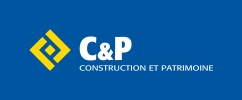 Logo Construction & Patrimoine blanc sur fond bleu
